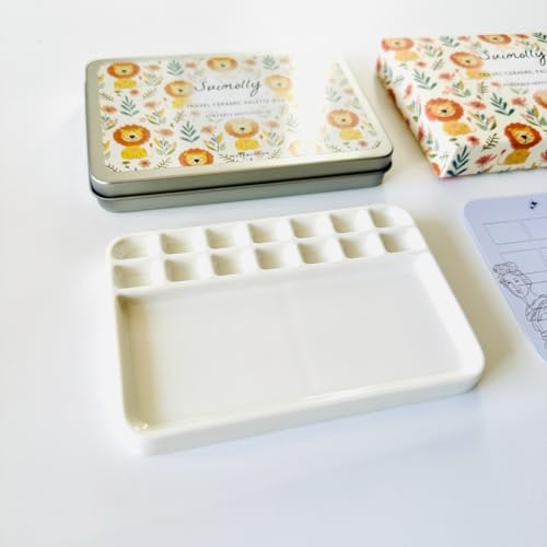 Watercolor Palette,Portable Travel Ceramic Palette,Small Travel Metal Paint Boxwith Porcelain Palette (14Well)
