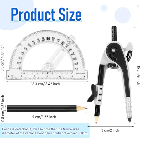 Zonon 12 Pcs Protractor and Compass Set, Swing Arm Protractor, Black Clear - color: Black and Clear