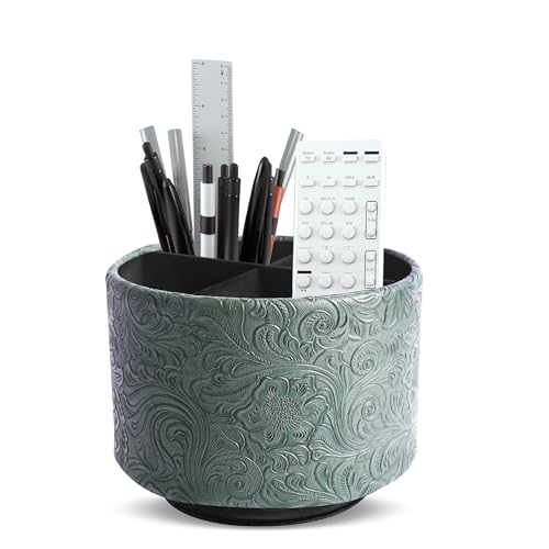 Round Leather Art Supply Organizer,Remote Control Holder,360 Degree Spinning,Multi-Functional Pencil Holder,4 Compartments Desktop Stationary Organizer(1-Carved Cooper Green) - color: 1-Carved Cooper Green