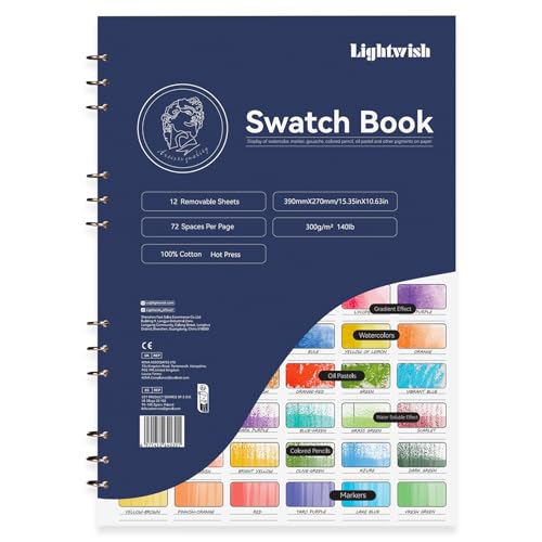 Lightwish Watercolor Swatch Book - 12 Detachable Sheets 100% Cotton 72 Spaces,15.35 * 10.63 in,300gsm/140lb Hot Press for Watercolor, Gouache, Oil Pastels - Spiral-Bound Color Testing Journal - color: Blue, size: 15.35*10.63 In