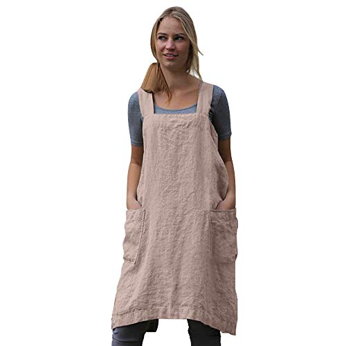 Women's Pinafore Square Apron Baking Cooking Gardening Works Cross Back Cotton/Linen Blend Dress with 2 Pockets - color: Pink, size: Small