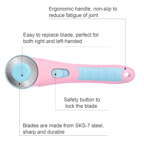 Headley Tools Rotary Cutter with 5pcs 45mm Rotary Blade, Bearing Design Rolling Cutter with Safety Lock for Fabric Sewing Quilting Cloth Leather Paper and Arts & Crafts(Pink) - color: Pink with Bearing, size: 45mm