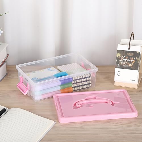 BTSKY 1-Pack Clear Small Plastic Storage Box with Lid - 9″x5.5″x2.8″, Pink | Stackable Organizer Featuring Easy-Lift Dolphin Design, Multi-Use Portable Container for Craft, Office, Space-Saving - color: Pink