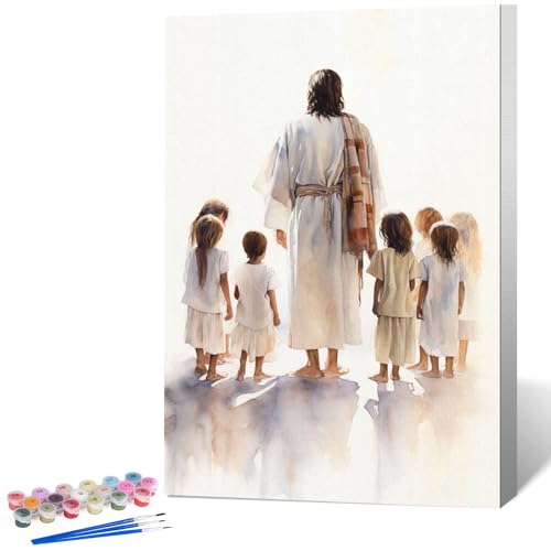 Framed Paint by Numbers Kit for Adults, Jesus with Children 8x12 Inch | Paint by Number with Frame, DIY Acrylic Painting Kit for Relaxation, Easy for Beginners, Wall Decor Gift for Christians - color: OPFUS2512-09