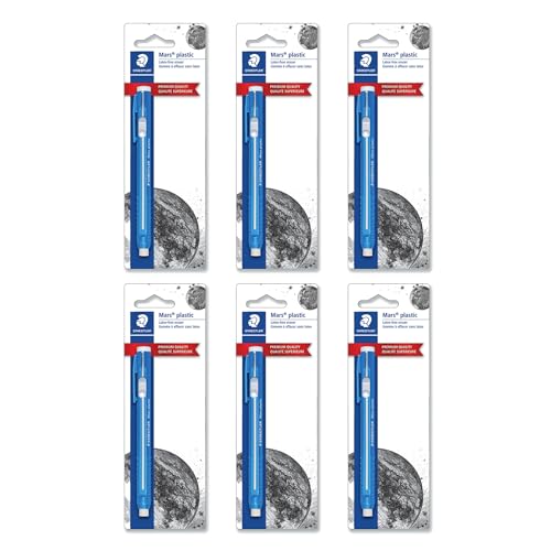 STAEDTLER 6-Pack Mars Plastic Eraser Pen with Refillable Holder, German-Made Eraser for Pencils, Smudge-Free & Tear-Free Precision, Retractable Design with Clip, Blue, 6 Count | Latex-Free Erasers, Replacements for Refillable Holder, Home, School & Office