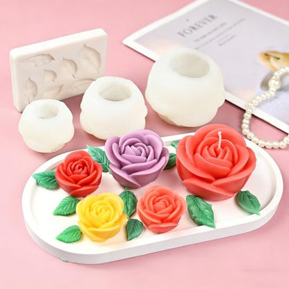 Rose Candle Molds, 3 Sizes Rose Flower Mold with Leaf Mold Set - color: Set of Large + Medium + Small Rose with Leaf Molds