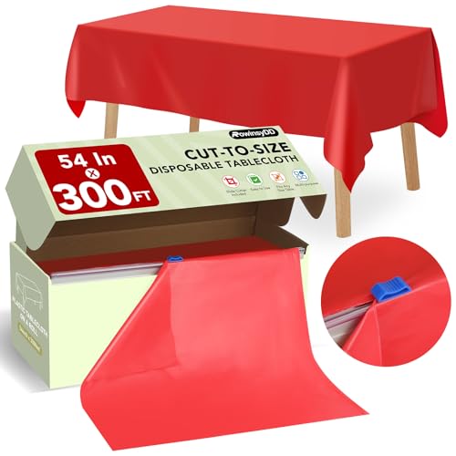 RowinsyDD 54 in X 100 FT Red Plastic Table Cover Roll with Slide Cutter | Disposable Plastic Table Cloths,Disposable Table Cloths Disposable for Dinning, Parties, BBQ, Wedding, Birthdays, Outdoor - color: Red, size: 3600" x 54" (Rectangular)