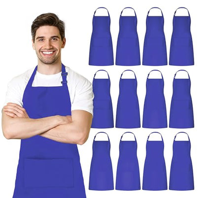 Adjustable Bib Apron 100% Polyester Kitchen Aprons Waterdrop Resistant Aprons with Adjustable Strap, Pockets & Long Ties - color: Royal Blue, style: Pack of 12