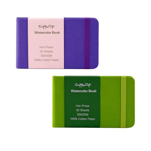 CuppaClip Watercolor Paper Cotton Hot-Pressed with Inner Pocket Watercolor Sketchbook Journal As Travel Notebook 300 GSM 140 LB (Purple+Green, 5.82x3.74in) - color: Purple＆Green, size: 5.8x3.7in