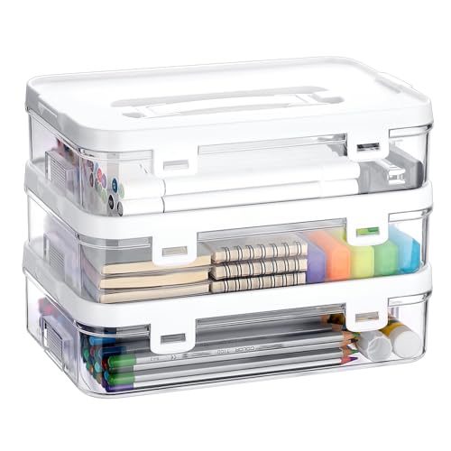 BTSKY 3 Pack Clear Plastic Storage Box with Handle & Flap Lid, Portable Craft Organizers and Storage Box Art Supply Storage Organizer Multipurpose Plastic Sewing Box for Beads Pencils Sticky Notes - color: 3 Pack