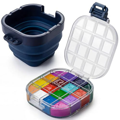 16-Well Airtight Empty Palette Box with Lid & Foldable Water Cup, Blue | Compact Travel Design, Refillable Paint Storage Suitable for Guache, Watercolor & Acrylic - color: Blue