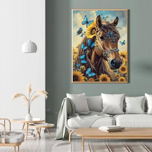 askkqtx Horse Diamond Art Kits for Adults Beginnners 12X16 Inch | Butterfly Sunflowers Diamond Painting Kits for Adult, DIY 5D Full Drill Crystal Rhinestone Gem Art Craft for Home Wall Decor - color: G7456