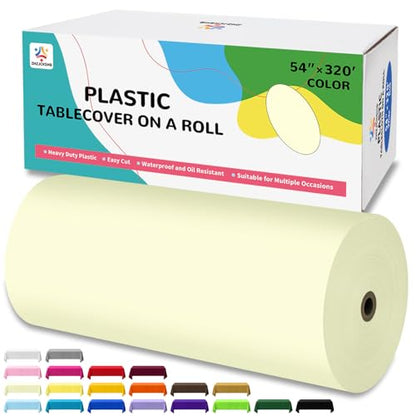54IN X 320FT Plastic Table Cover Roll with Cutter Box, Cut to Size Plastic Table Cloths for Parties, Birthday, (Beige, 54"x3840"(Rectangular)) - color: Beige, size: 3840" x 54" (Rectangular)
