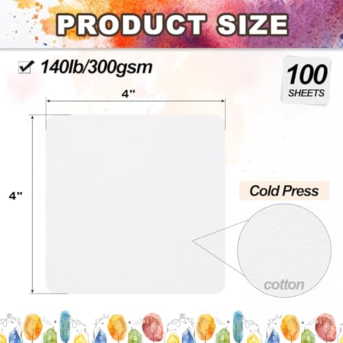 PATIKIL 100 Sheets Cotton Watercolor Paper 140lb/300 GSM Cold Press Water Coloring Paint Paper Round Corner for Art Painting Watercolor Drawing Artist, 4x4 Inch - size: 4x4 Inch