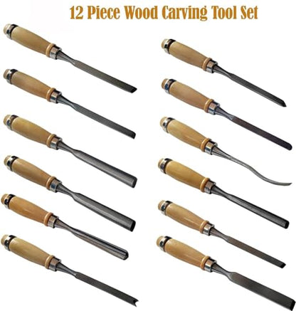 12 Pcs Wood Carving Chisel Set, SK5 Carbon Steel | Sharp Wood Carving Tools with Leather Roll Bag, Woodworking Gouge Kit for Beginners & Professionals