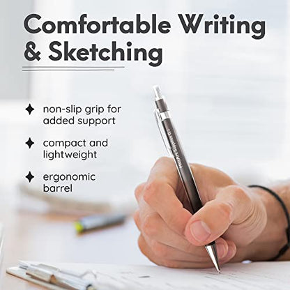 MozArt Mechanical Pencil Set 4 Sizes 0.3 0.5 0.7 0.9mm HB Lead Nickel | 30 HB Lead & Eraser Refills – Sketch, Drafting, Art & Drawing for Artists, Students & Architects – Nickel Metal Grip - color: Metallic
