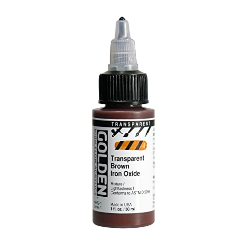 GOLDEN High Flow Acrylics, Transparent Brown Iron Oxide, 1 fl. oz. Bottle | Artist grade paint blending the strength of acrylic and versatility of ink for spraying, drawing, staining and mixed media. - color: Transparent Brown Iron Oxide