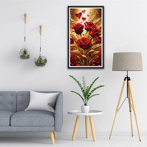 ARTGOTO Red Rose Diamond Painting Kit for Adults 15.7 x 27.5 Inch | Large 5D Full Square Drill Diamond Art Kit, Red Roses Hearts Wheat DIY Gem Art Canvas with 2 Tool Sets, 30% Extra Diamonds - color: AGT010