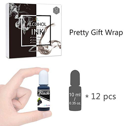 12 Alcohol Ink Set Plus 6 White & 6 Black Alcohol Inks - 24 Alcohol-Based Ink for Resin Petri Dish Making, Epoxy Resin Painting - Alcohol Color Dye for Resin Art, Tumbler Making - 0.35oz Each