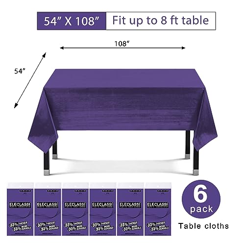 Eleclassi Purple 6 Pack Premium Disposable Plastic Tablecloth 54 x 108 in - Plastic Table Cloth Disposable Tablecloth for Rectangle Table Up to 8 Feet - color: Purple