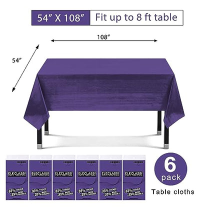 Eleclassi Purple 6 Pack Premium Disposable Plastic Tablecloth 54 x 108 in - Plastic Table Cloth Disposable Tablecloth for Rectangle Table Up to 8 Feet - color: Purple