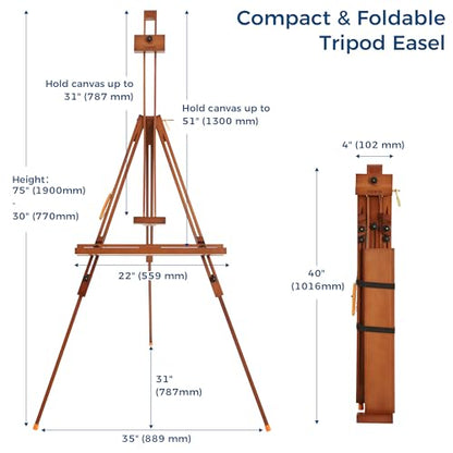 VISWIN Portable Easel for Painting with Bag, Tilting Flat & Adjustable Beech Wood Art Easel Stand, Holds Canvas up to 44", Tripod Field Easel for Adults, Artists, Beginners - Walnut Brown - color: Walnut Brown