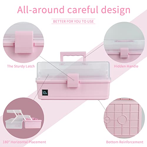Creahaus 13 inch Art Craft Organizer Storage Box with 3 Layer, Multipurpose Plastic Tool Box with Handle for Sewing, Art Supply, Medicine, Nail, Hair Accessories (Pink) - color: Pink