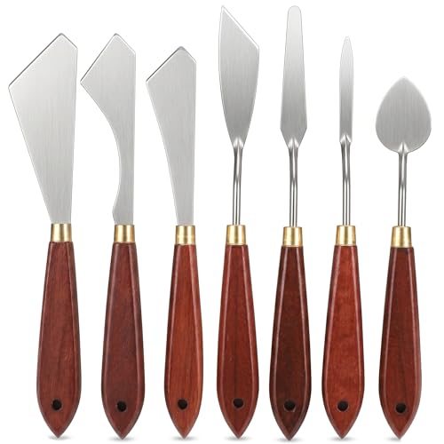 7-Piece Palette Knife Set, Stainless Steel Spatula & Mixing Scraper for Painting, With Birch Wood Handles for Oil Acrylic Watercolor Canvas Art Supplies, Blending & Texture Tools