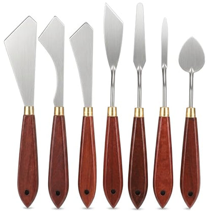 7-Piece Palette Knife Set, Stainless Steel Spatula & Mixing Scraper for Painting, With Birch Wood Handles for Oil Acrylic Watercolor Canvas Art Supplies, Blending & Texture Tools