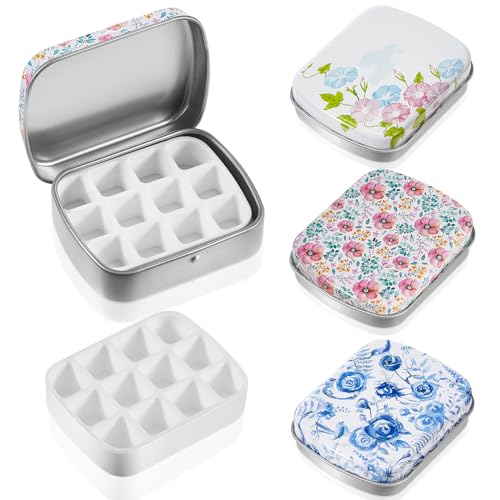 Fulmoon 4 Pcs Travel Empty Watercolor Palette Small Mini Metal Tin Box 12 Wells Paint Palette with Lid Portable Tiny Watercolor Storage Case for Artist Travel Outdoor Painting DIY Craft(Stylish) - style: Stylish