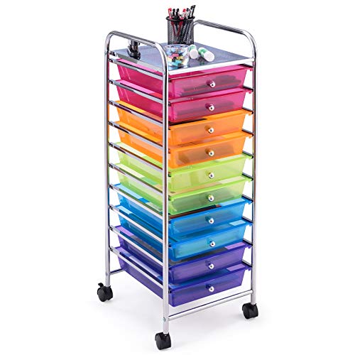 Happygrill 10-Drawer Storage Cart, Utility Cart with Removable Drawers & Metal Frame, Rolling Storage Cart with Lockable Wheels for Home, Office, Rainbow - color: Rainbow