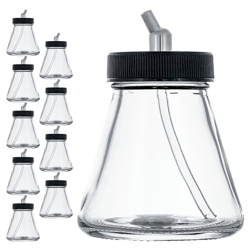 Master Airbrush (Pack of 10) TB-010 Empty 2.7-Ounce (80cc) Glass Jar Bottles with 30° Down Angle Adaptor Lid Assembly - Fits Dual-Action Siphon Feed Airbrushes, Use with Master, Badger, Paasche, Iwata - size: 2.7oz - Glass - 30°