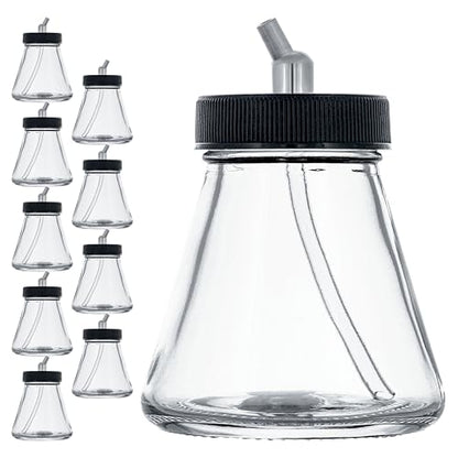 Master Airbrush (Pack of 10) TB-010 Empty 2.7-Ounce (80cc) Glass Jar Bottles with 30° Down Angle Adaptor Lid Assembly - Fits Dual-Action Siphon Feed Airbrushes, Use with Master, Badger, Paasche, Iwata - size: 2.7oz - Glass - 30°