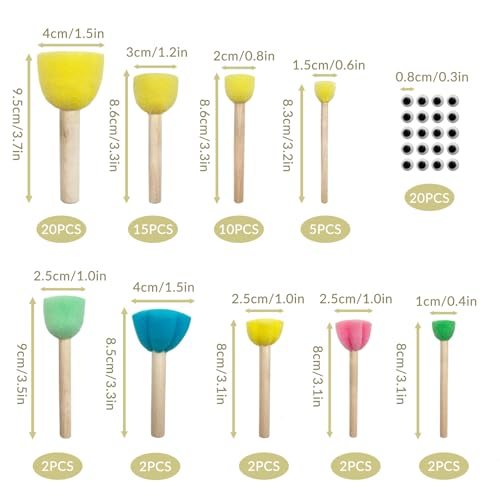 Daily Treasures 60PCS sponges for Painting in Different Shapes and Sizes, Art Sponges with Wiggle Eyes, Wooden Handle Sponge Brush Tools for Painting
