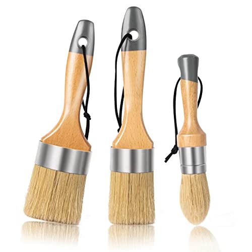 Mister Rui Chalk Wax Paint Brush 3 pcs, Large Wax Brush for Furniture | Stencil Brushes for All in One Paint Acrylic Paint, Cabinets, Natural Bristles, 1 Small Round Brush and 2 Large Oval Brushes - size: 3PCS, 1 Large, 1 Medium, 1 Small