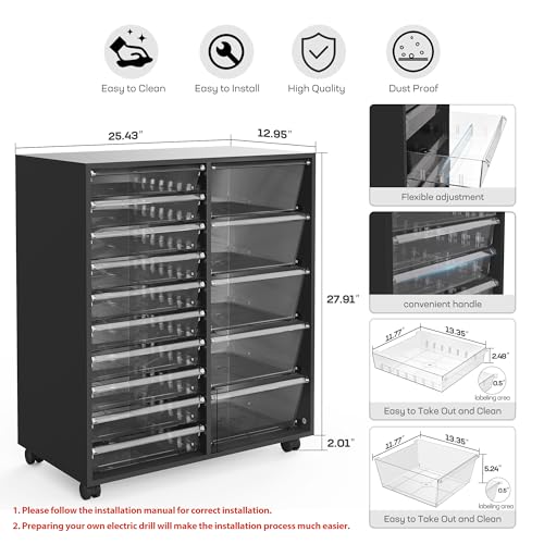 WOPITUES Mobile Storage Cabinet with 15 Clear Drawers, Modern Black - color: Black, size: 10M+5L