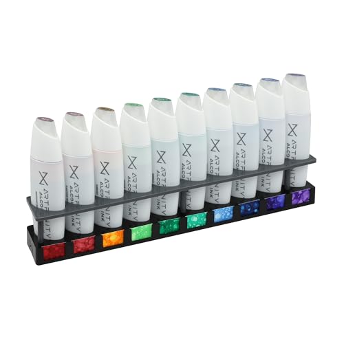 Artfinity Alcohol Ink Enigma Set of 10 Colors (25 ml) with Free Acrylic Stand - for Painting or Alcohol Marker Refill Ink, Acid-Free, Fast-Drying, Permanent, Transparent, Swatch Template - color: Enigma