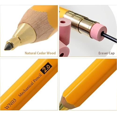 WN03 Wooden Mechanical Pencil Set, 2.0mm Extra Bold, Thick Barrel, Incense Cedar Yellow Pencil with Lead Refills (HB, B), Eraser Refills, and Brass Sharpener for Writing, Sketching, Drawing