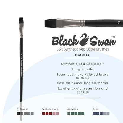 Black Swan Synthetic Red Sable Flat Paint Brushes - Flat Size # 14 - Professional Quality Long Handle Paint Brushes for Oil, Heavy Body Media and Acrylic - Artists of All Levels - size: Size 14