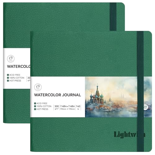 Lightwish Square Watercolor Sketchbook,2 Pack Total 40 Sheets,100% Cotton,300gsm/140lb,Acid-Free,Hot Press Watecolor Paper Journal for Artists Adults Students,7.48 * 7.48 Inches - color: Green, size: 7.48*7.48 Inches