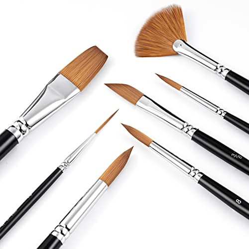 Sable Watercolor Brushes Professional Kolinsky Sable Brushes 7pcs - Dagger, Pointed Rounds, Rigger, Long Flat, Fan Brush Set for Watercolor Gouache Acrylic Inks Painting - color: Black