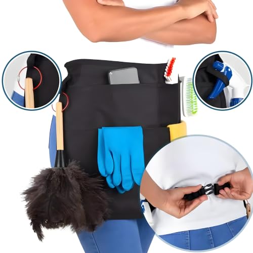 Hair Stylist Apron with 5 Pockets & 2 Loops, Barber Half Waist Apron with Adjustable Belt, Professional Hairdresser Tools Storage Holster Salon Waist Pouch for Hairstylist, Makeup Artist