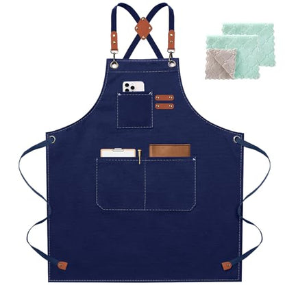 ZOMAO Chef Apron for Women Men with Large Pockets, Cotton Canvas Cross Back Waterproof Work Aprons for Kitchen Cooking Bib - color: Blue