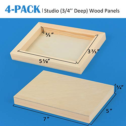 4 Pack 5x7’’ Unfinished Birch Wood Panels Kit for Painting | Studio 3/4’’ Deep Wooden Canvas, Cradle Boards for Acrylic Pouring, Art, Crafts, Epoxy Resin, Laser Engraving Cutting - size: 5'' x 7'' Studio