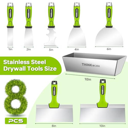 THINKWORK 8Pcs Drywall Tools, Drywall Knife Set with 10" Mud Pan | Stainless Steel Putty & Taping Knives, Painter Scraper, Spackle Tool Set for Joint Finishing & Patching, Soft Grip