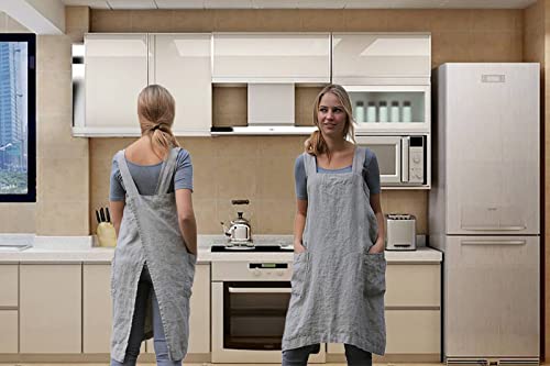 ZQFFB Pinafore Cross Back Apron for Women with Pockets | Japanese Style Kitchen Apron with Convenient Front Pockets, Smock for Cooking, Gardening, Pottery and Painting - color: Grey, size: X-Large