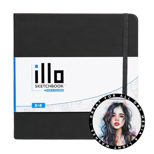 illo Sketchbook 8’’ x 8’’ Square Hardcover Sketch Book, (112lb/180gsm) Heavyweight Paper, Ribbon Marker, Back Pocket, Lays Flat, Minimal Bleed, Vegan, for Artists & Beginners