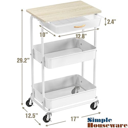 Simple Houseware 3-Tier Rolling Utility Cart with Drawer & Wood Top, Maple - color: Maple