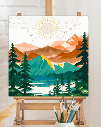 TOCARE Framed Paint by Numbers Kit for Adults Beginner, Sunset Mountains Paint by Number Framed,Easy Adult Paint by Number Kits on Canvas Framed (10x10 Inch, Without Easel) - color: TC-F-94