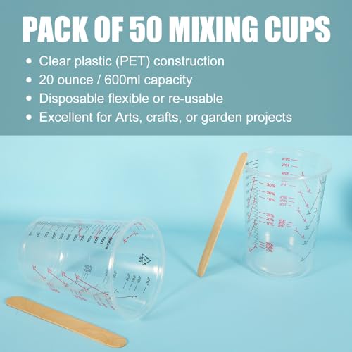 50-Pack Mixing Cups Set Paint Mixing Cups 20 oz (600ml) with 50 Wooden Sticks,Easy Measuring Ratios 2:1, 3:1, 4:1,Ideal for Epoxy Resin, Paint, and More - size: 50P-20OZ